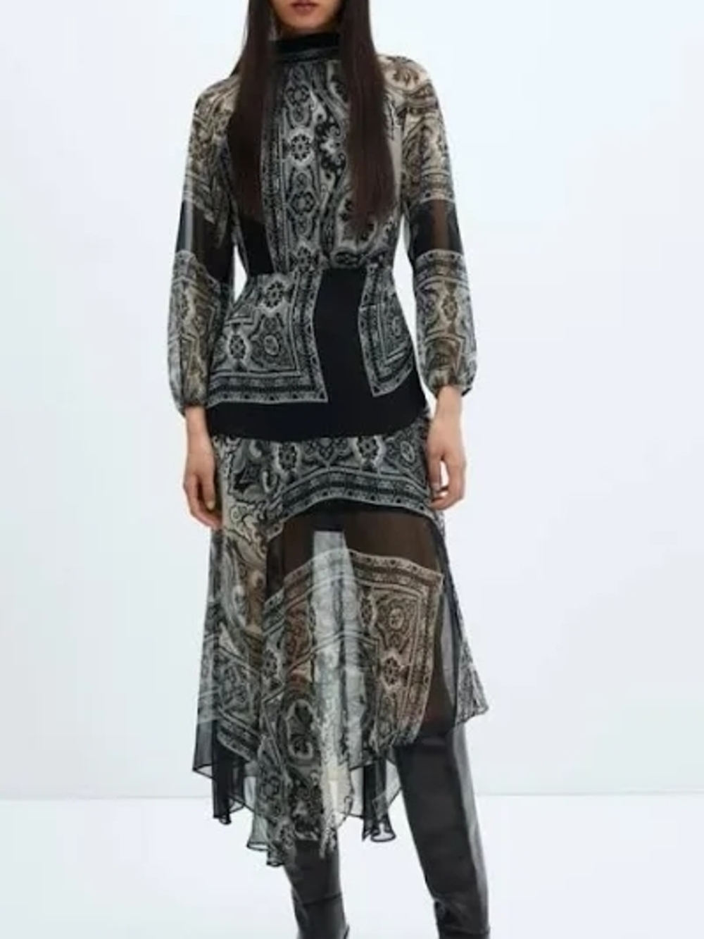 Black Paisley Sheer Long Sleeve Dress